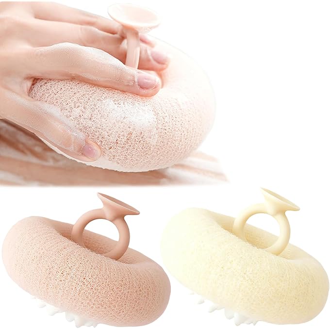 XILEDUO 2-in-1 Super Soft Sunflower Suction Cup Bath Ball, New Upgraded Exfoliating Mesh Shower Loofah Pouf Shower Ball with Finger Rings, Body Scrubber Bath Sponge Cleaning Brush for Women, Men (Pink+Beige) - Image 1